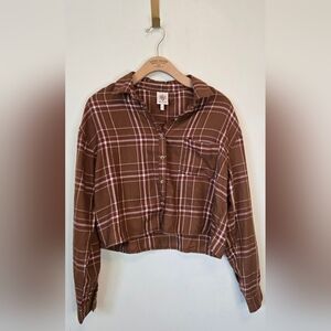 97. Self Esteem Brown Plaid Button Down Shirt